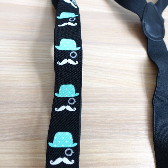 Suspender Boy Black Blue Clip On Y Back‎ Adjustable Stretch Monocle Silhouette - Picture 3 of 6